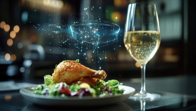 gastronomic presentation delicious chicken drumstick with salad paired with a sparkling wine glass
