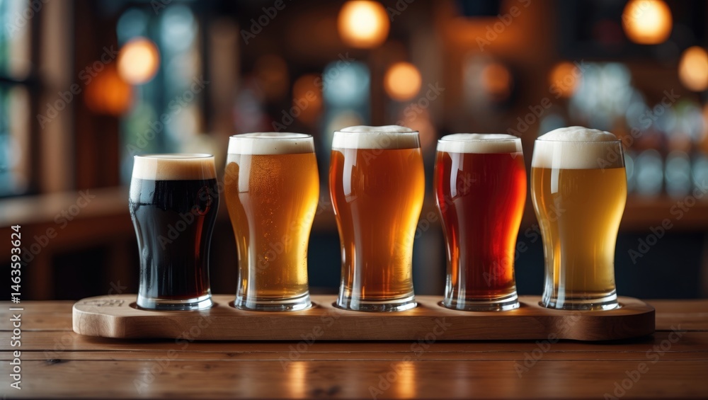 Poster glassware display of light and dark beers in a set