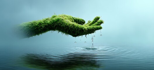 A mossy hand gently releases water droplets into calm water, symbolizing nature's delicate balance and the importance of environmental conservation.