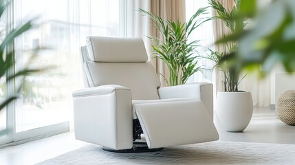 Fototapeta premium White leather recliner with adjustable headrest in a bright, relaxing space