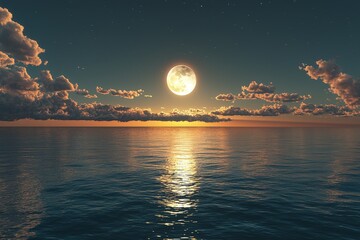 Horizon, clouds and full moon by ocean with sunset for peace