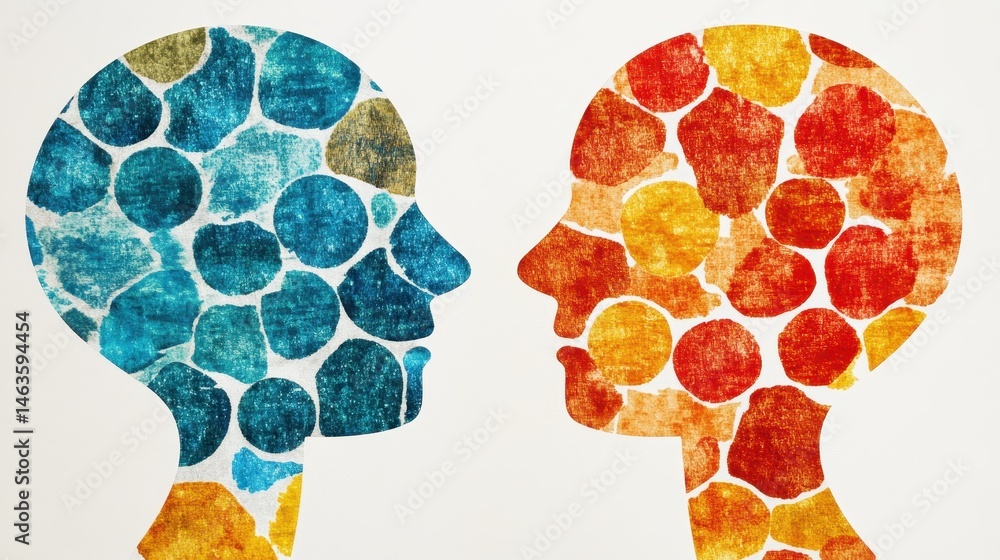 Poster abstract heads in dialogue concept with colorful mosaic texture on white background studio shot