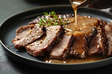 Sliced beef brisket being drizzled with gravy on a plate close up studio shot delicious food preparation process