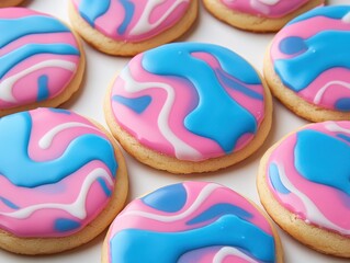 Close-up of colorful sugar cookies with pink blue and white icing on white background overhead studio shot