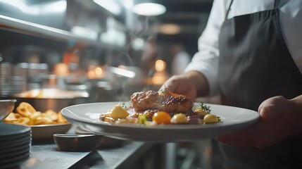 Chef Presenting a Plate of Grilled Steak with Garnish