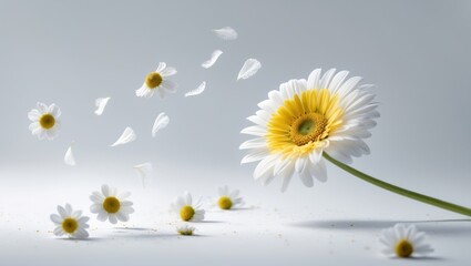 White background featuring chamomile and daisy petals in flight for organic herbal tea design