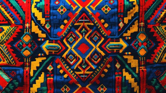 Multicolored tribal design on ethnic textiles with embroidery-inspired effects, highlighting traditional motifs, geometric lines, and ancient symbols on handwoven fabrics, carpets, or rugs.