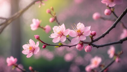 Fototapeta premium Pink cherry and plum flowers in full bloom amidst nature in Australia