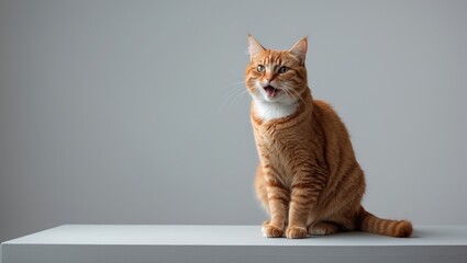 Studio shot of a yellow-eyed, ginger striped cat meowing with tail resting on paws against a white background.