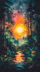 Fototapeta premium Watercolor sunset painting in the forest