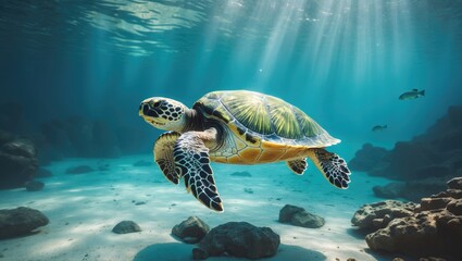 Fototapeta premium Underwater adventure with a hawksbill turtle in peaceful tropical seas