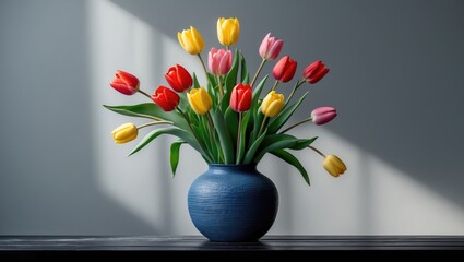 Bouquet of yellow and pink tulips in a blue vase on black wooden table during spring, gray background, designed for greeting banner mockup with copy space