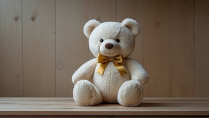 Fluffy bear toy placed on a wooden surface