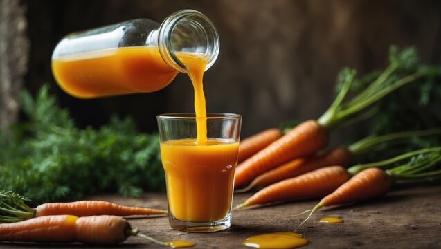 A glass of carrot juice is being filled from a bottle in the food and cooking setting.