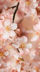 Fototapeta premium Pink Cherry Blossom Bloom: Delicate Flowers and Lush Greenery in Artistic Botanical Photography
