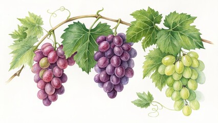 Obraz premium Watercolor Painting of Grapevine with Red and Green Grapes, Botanical Illustration, Nature Art, Grapes Grapevine, Botanical Painting