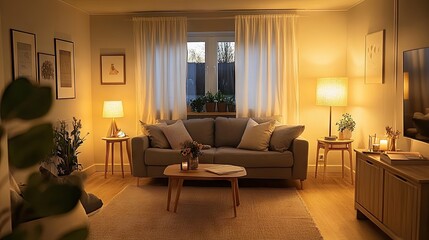 Fototapeta premium Cozy living room illuminated by warm light.