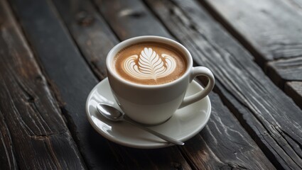 Dark wooden table setting with a hot cappuccino in a white cup, accompanied by a spoon.