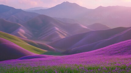 Naklejka premium Purple Flower Fields Mountain Sunrise
