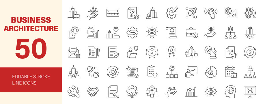 Business Architecture icon set. Containing strategy, methodology, regulation, management, execution, operation, service, planning and more. Editable line icons. Vector illustration.