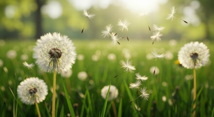 Obraz premium Dandelion Seeds Blowing in a Grassy Field with Sunlight