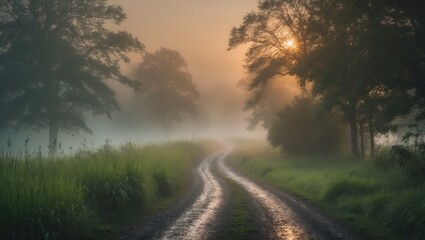 Fototapeta premium Scenic country road shrouded in fog amidst autumn trees and fall colors