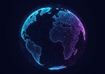 Glowing digital earth globe with continents outlined in blue and purple against a dark background