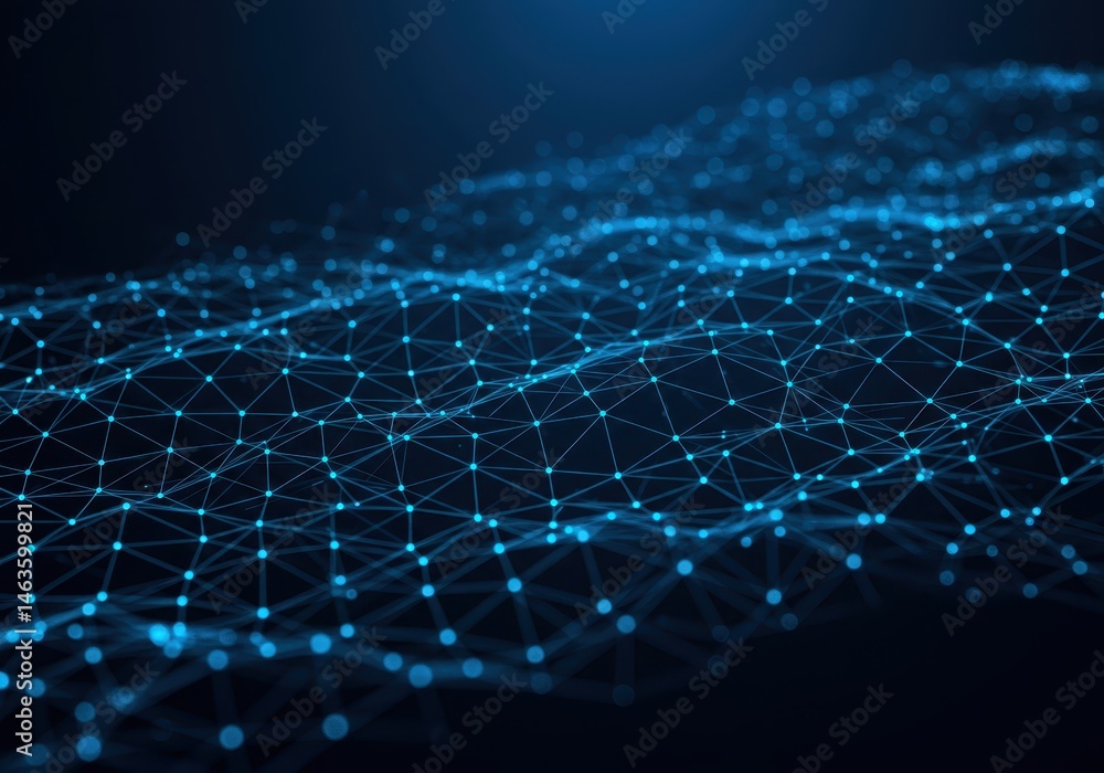Poster abstract blue network with glowing dots and lines against a dark background, connecting to form a co