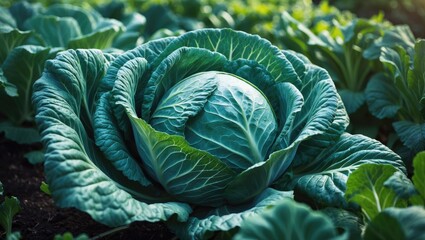 Obraz premium Garden-grown red cabbage plant with expansive green leaves awaiting harvest in a vibrant summer setting