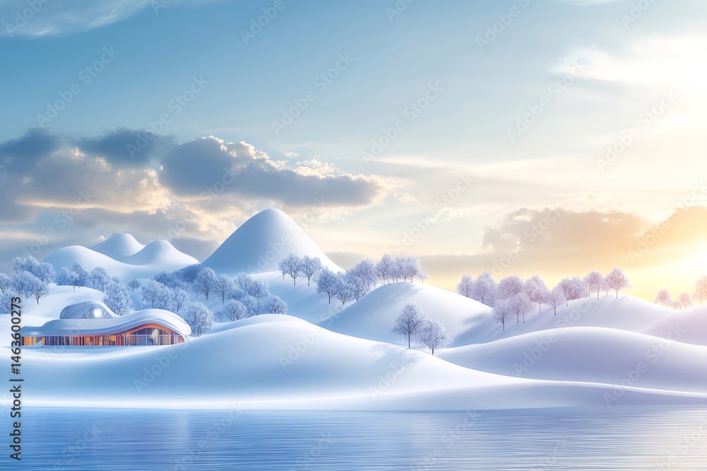 Poster 雪に覆われた山々と湖畔の家々 冬の日の穏やかな風景 水面に反射する光が美しい 背景には青い空と白い雲
