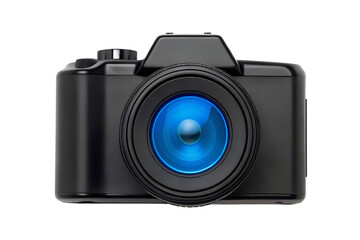 Black camera with a large blue lens reflecting light on a gray background