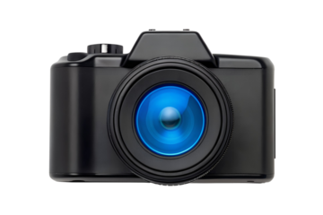 Black camera with a large blue lens reflecting light on a gray background