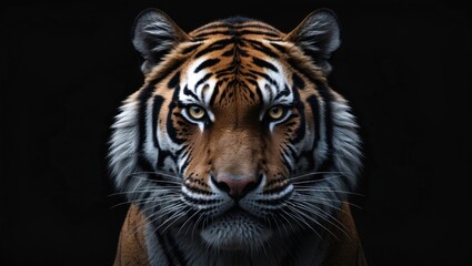 Fototapeta premium Close-up portrait of a wild Sumatran tiger with distinctive stripes against black backdrop