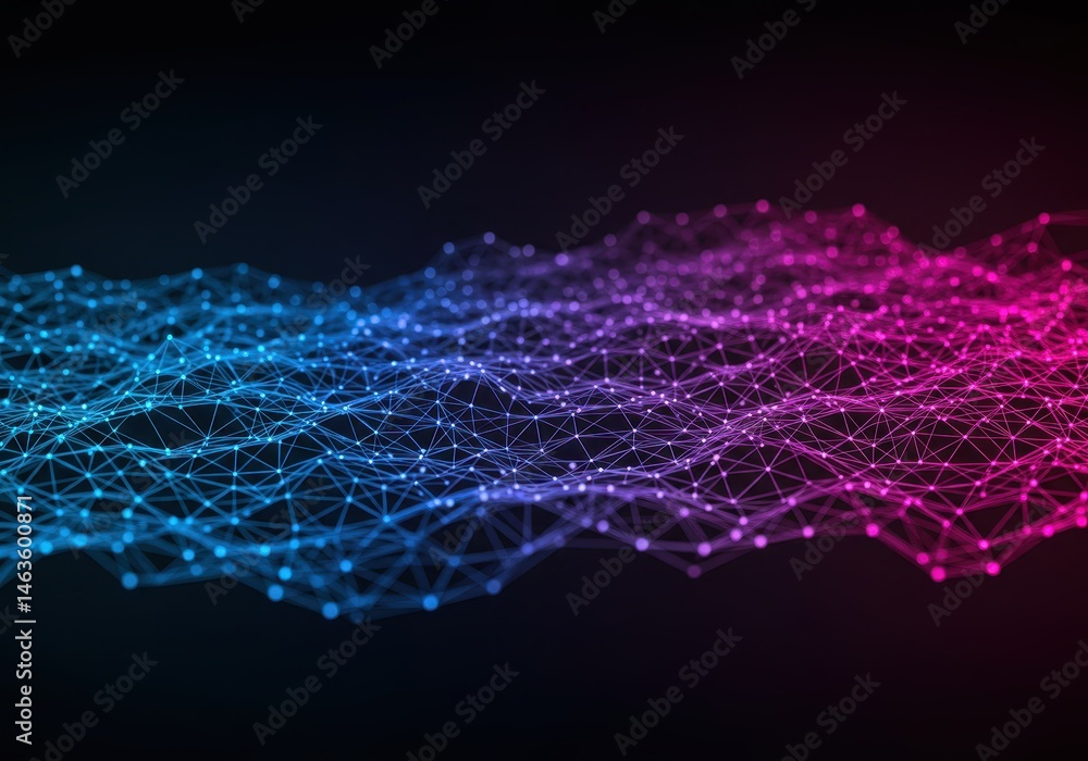 Poster abstract network with blue and pink gradient against a dark background is connected by lines