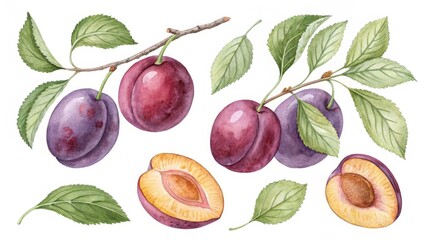 Watercolor Plum Composition Branch, Leaves, Fruit, Cross-Section, Illustration, Botanical, Food Plums