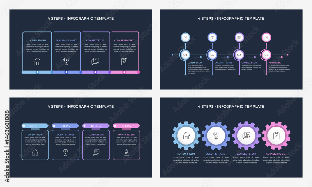 Aufkleber set of four infographic templates with four steps, presentation slides, dark background, vector eps1