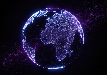 Illuminated earth globe with glowing continents and digital network connections on a dark background