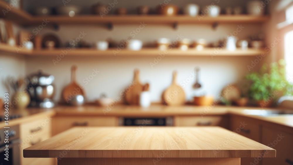 Leinwandbilder bright and clean kitchen scene featuring an empty table and soft blurred background for showcasing p
