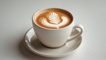 Latte art on top of a cappuccino served in a ceramic mug.