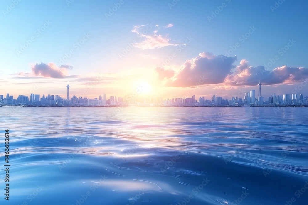 Aufkleber 穏やかな青い海の向こうに見える現代的な都市のスカイラインの夕暮れ時の景色と太陽の光の美しい反射