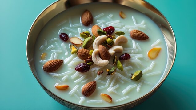 Delicious Sheer Khurma (Kheer) with Nuts Garnish Served in a Bowl for Indian Festivals