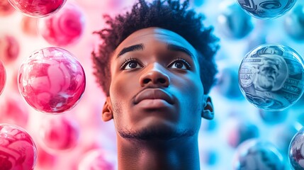 Naklejka premium A youthful man stares upwards amidst floating spheres, reflecting currency and vibrant abstract forms