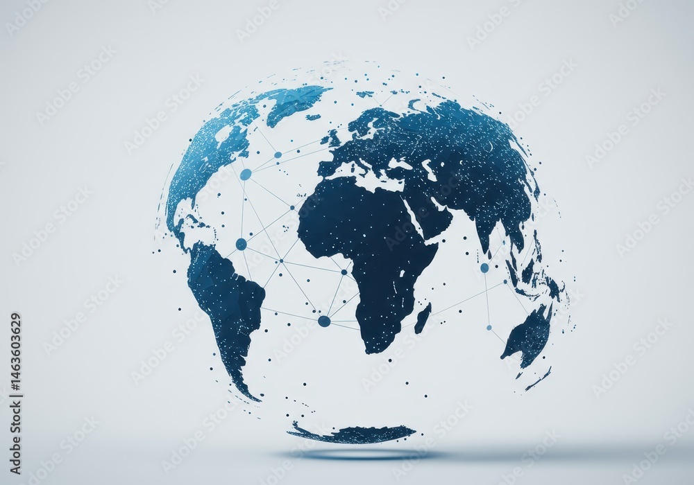 Poster digital globe with network connections shows continents and oceans on a clean white background