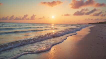 Peaceful horizon scene with soft waves and a colorful sky at the seaside
