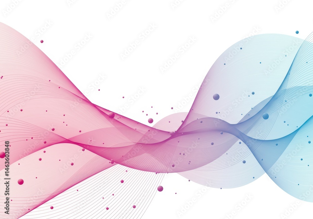 Poster abstract waves of pink and blue with floating particles against a white backdrop, creating a flowing