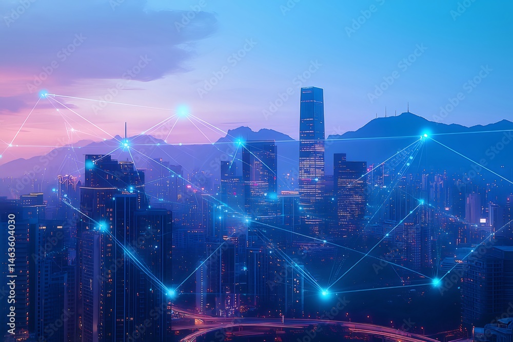 Aufkleber 青と紫の光るネットワークが広がる未来的な都市のスカイラインの夜景パノラマ