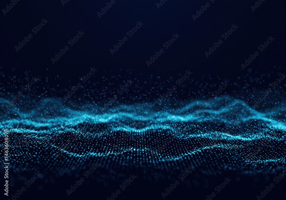 Poster abstract blue particle wave flowing across a dark background with soft glowing lights