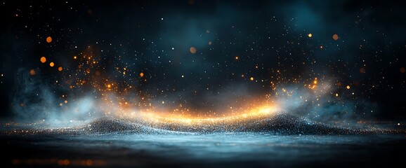Glowing particles in a dark, dreamy space, with fog and light swirls