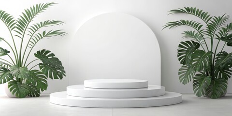 White Minimalist Product Display, Three-Tiered Podium, Tropical Plants, Mockup, Arch Background Product Display, Minimalist
