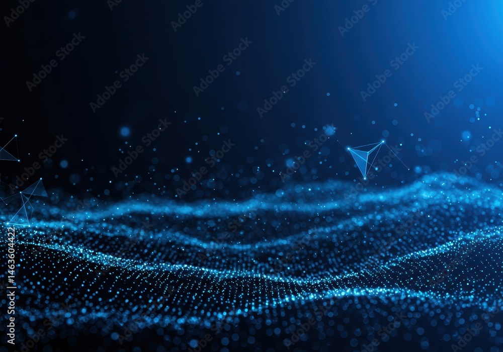 Poster abstract blue network with glowing dots and connected lines forming a wavy surface on dark backgroun